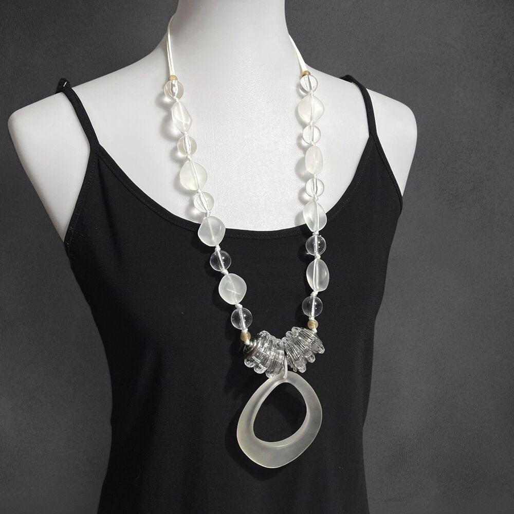 Acrylic Statement Necklace Chunky Frosted Clear Plastic Beads Cord Large Pendant